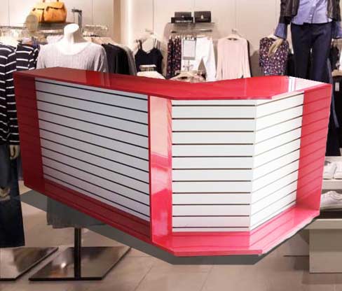 módulo de cobro de tres lados, fabricado con aluminio, aglomerado y formica, varios colores